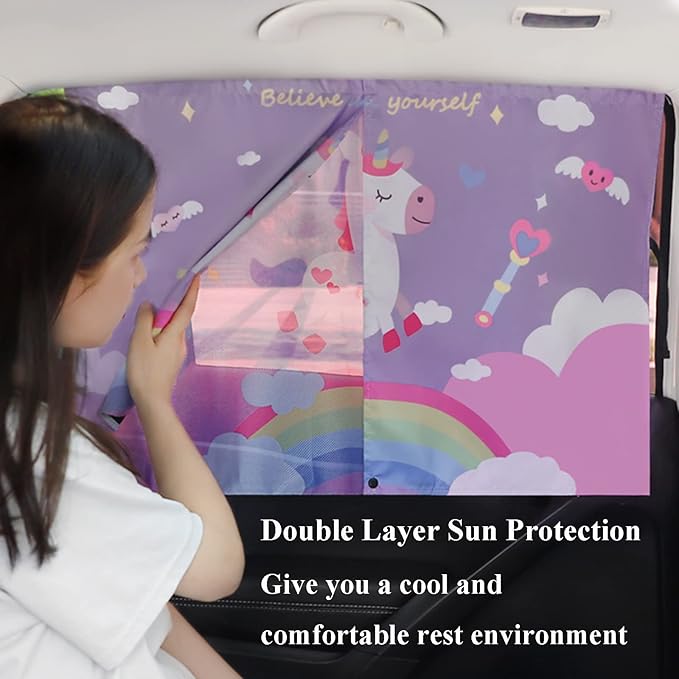 Car Sun Shade for Baby - EOHMAK Car Side Window Sun Shade Cover Upgrade Double Opening Car Interior Curtain Sun Blocker Blind (Unicorn, 1 Pack)