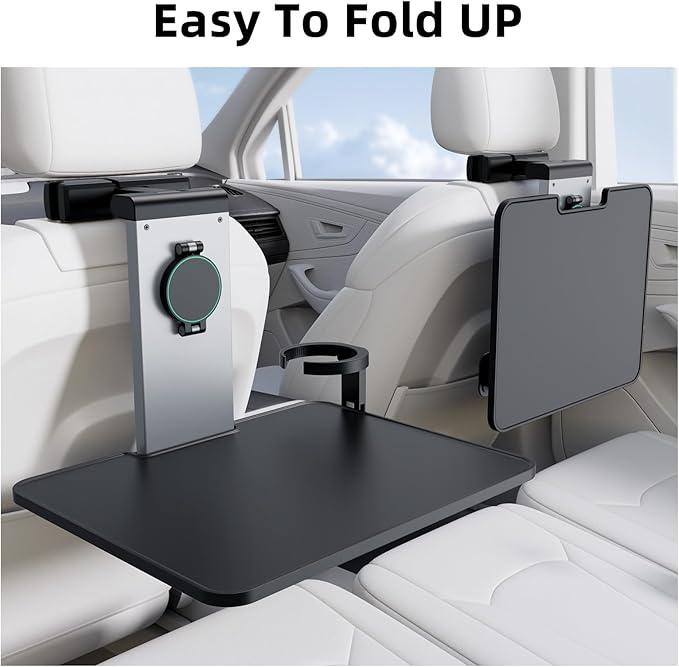 Car Back Seat Tray Table with Stable Metal Arm, Foldable Adjustable Backseat Desk for Rear Passengers, Travel Tray with Phone & Drink Holder for Road Trip, Eating, Working, Laptop & Tablet
