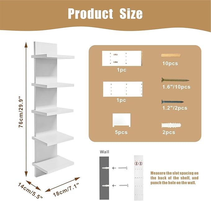 5 Tier Shelves for Wall, Decorative Wall Mounted Vertical Shelving Column Decor 30 Inch H Mounted Floating Storage Organizer 