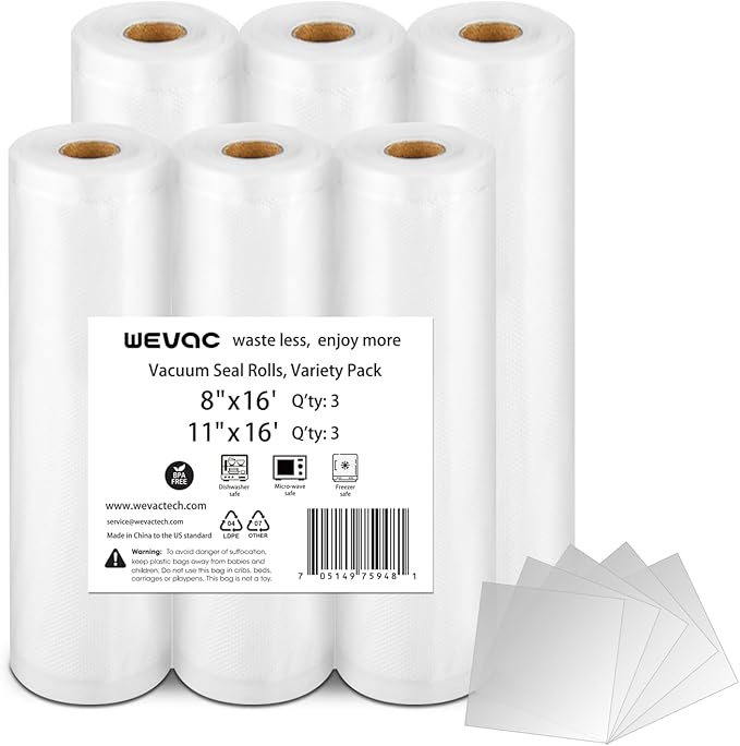Wevac 6 Pack 11" x 16' and 8" x 16', Vacuum Sealer Bags Rolls for Food Saver, Weston, Commercial Grade, BPA Free, Heavy Duty,