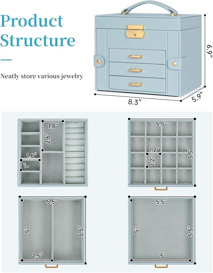 TORIBIO Jewelry Box for Women, Leather Jewelry Organizer with Mirror & Lock, 4-Tier Jewelry Storage Organizer with 3 Drawers 