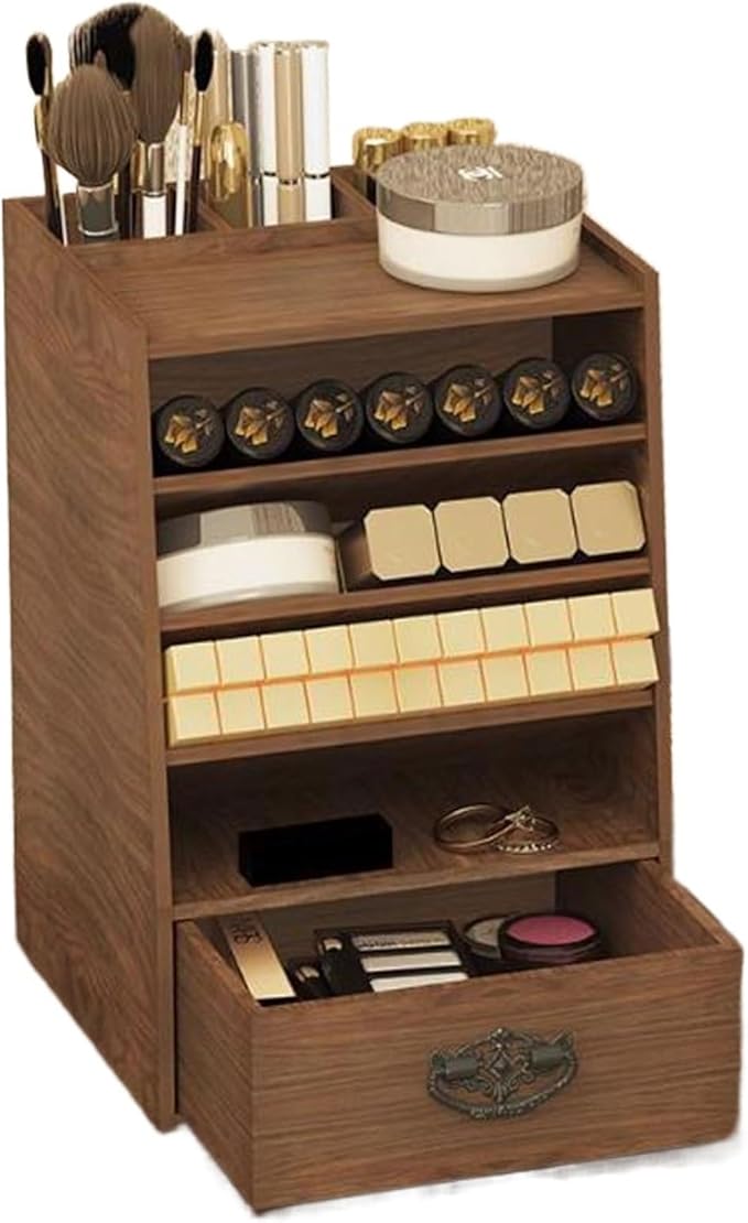 Makeup Organiser Storage Wood Makeup Organizer Box, Lipsticks Holder Rack, with Drawer and Tabletop for Storing Palettes, Bru