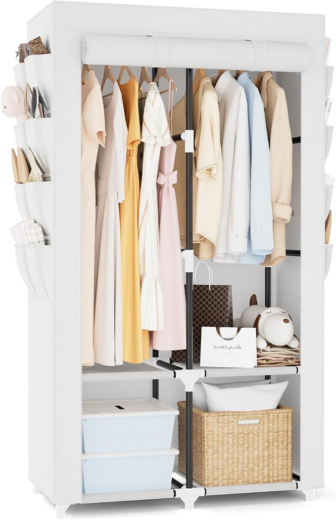 Portable Closet for Hanging Clothes, Portable Wardrobe Closet with Cover, 4 Storage Shelves, 2 Hanging Rods and 8 Side Pocket