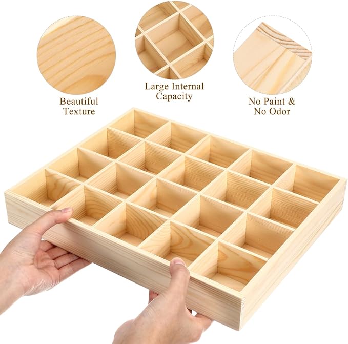 Amosfun Wooden Storage Divider Box with 20 Compartments Showcase Display Box for Keys Socks Ties Watches Small Jewelry Items 