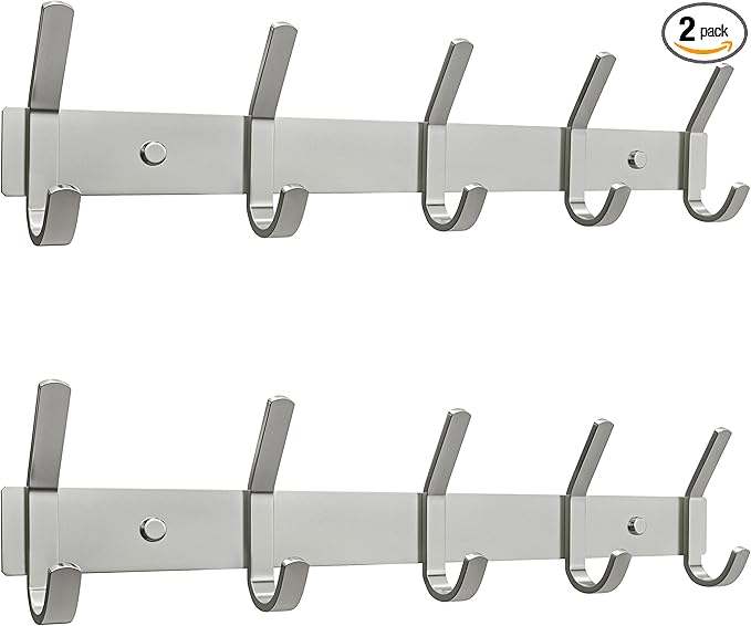 Coat Rack Wall Mount – Brushed Nickel 15 Inch Stainless Steel Hook Rail with 5 Heavy Duty Double Coat Hooks – Wall Mounted Co