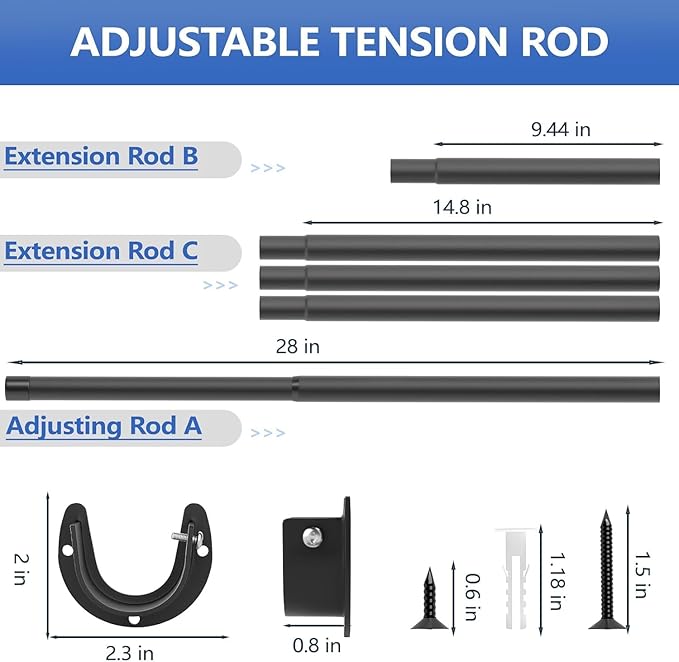Closet Rod, 17 to 68 Inch Closet Rods for Hanging Clothes, Heavy Duty Adjustable Clothes Hanging Bar Rod Matte Black Closet P