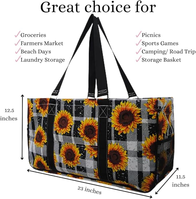 NGIL Extra Large Utility Tote Reusable Grocery Bag Oversized Collapsible for Groceries, Storage, Picnic, Beach (Plaid Sunflower-black)