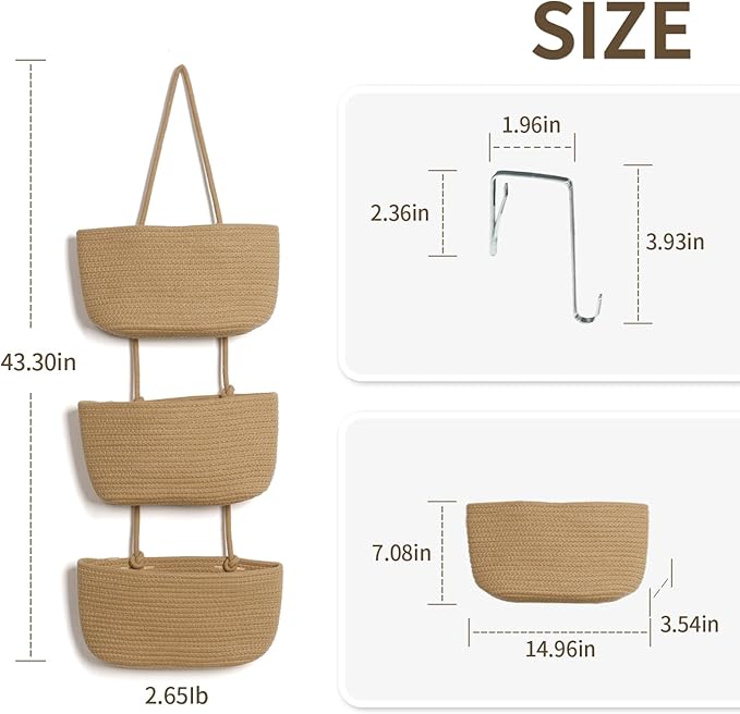 ANTIS'S HOME Over The Door Organizer Hanging Basket, 3-Tier Woven Cotton Wall-Mounted Nursery Storage Organizer Bag Boho Deco