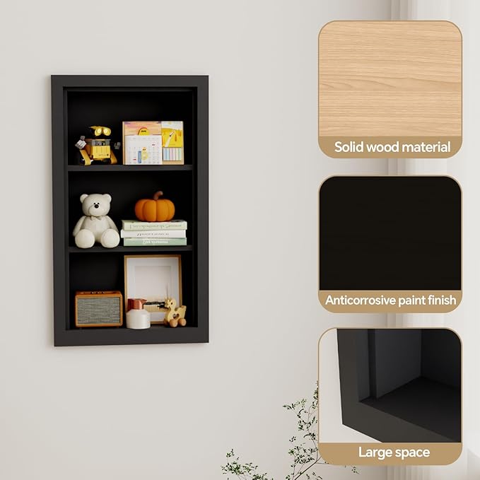 Solid Wood 14 X 24 Recessed Medicine Cabinet,3-Tier, Medicine Cabinet Organizer,Wall Niche, Bathroom Wall Cabinet, Recessed B