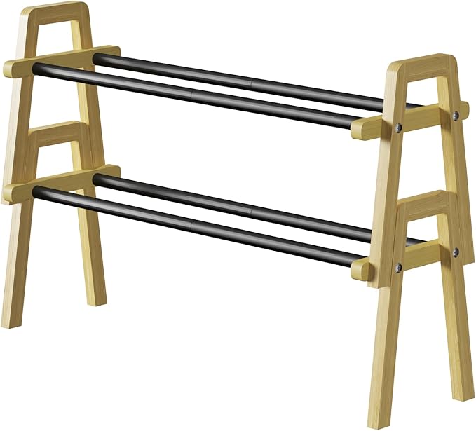 2-Tier Stackable Bamboo Shoe Rack, Free Standing Shoe Storage Organizer for Entryway, Closet, Doorway - Natural Wood Shoe She