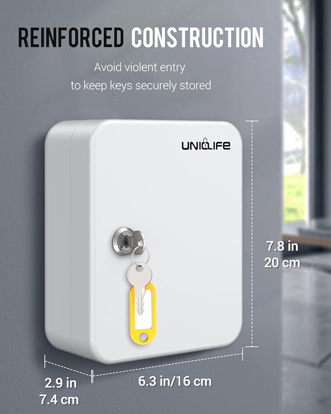 Uniclife 20 Position Key Cabinet with Key Lock Wall Mounted White Security Storage Box Steel Key Organizer with Colorful Key 