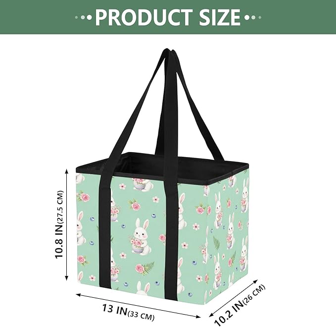Bunny Floral Pattern Reusable Grocery Bags Large Shopping Tote Bag with Reinforced Bottom Board, Water Resistant Foldable Sto