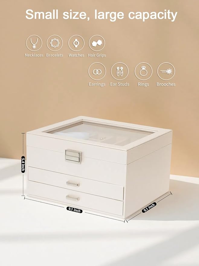 Clear Lid Jewelry Box,3 Layers Jewelry Organizer Large Multi-Functional Jewelry Storage Box with 2 Drawers,Jewelry Display Ca
