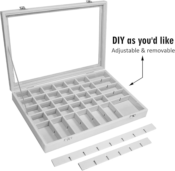 Siveit Velvet Jewelry Tray 48 Grid Jewelry Display Tray Organizer Box with Transparent Lid Rings Earrings Necklaces Pendants 