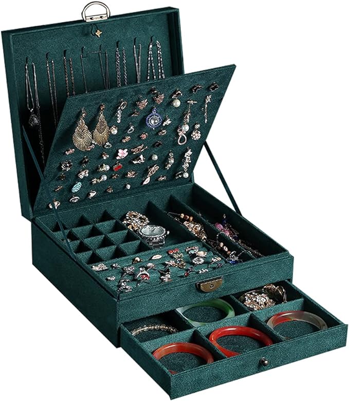 Women Jewelry Box Lockable 3 Layers Large Jewelry Organizer Storage Case for Earrings Necklaces Rings Bracelets,Green Display