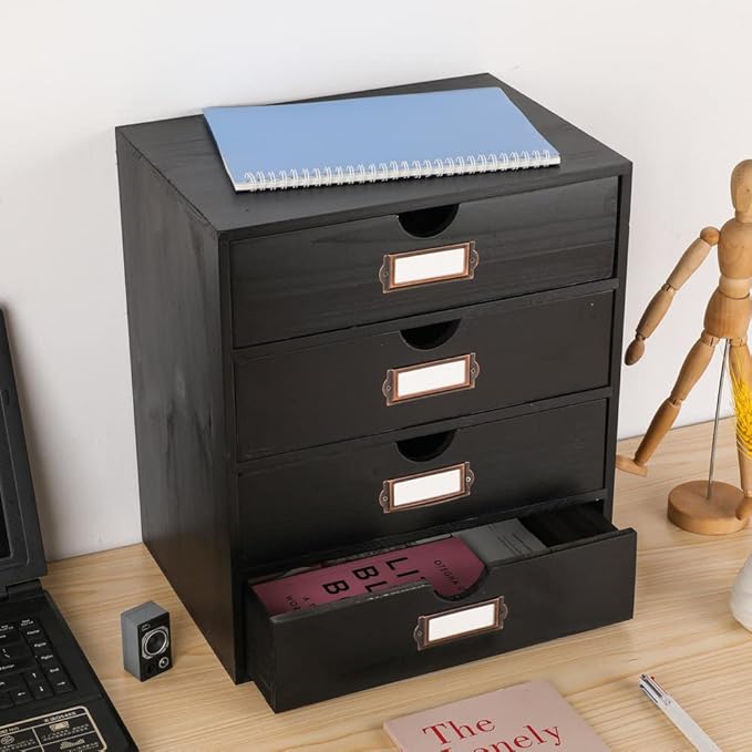 Wooden Storage Box Rustic Desktop Organizer with 4 Drawers Office Desk Accessories Shelf Large Craft Storage Containers Apoth