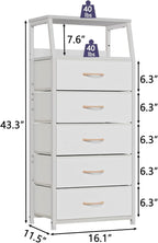 Furnulem White Dresser with 5 Drawers, Vertical Storage Tower Fabric Dresser for Bedroom, Hallway, Entryway, Nursery, Closet 