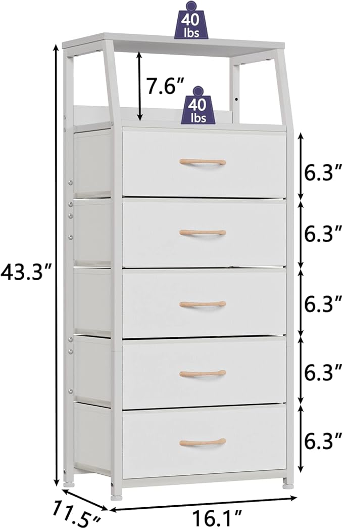 Furnulem White Dresser with 5 Drawers, Vertical Storage Tower Fabric Dresser for Bedroom, Hallway, Entryway, Nursery, Closet 