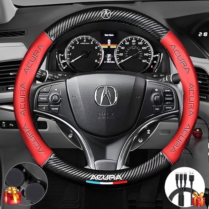 Customized Steering Wheel Cover Compatible with Acura, Nappa Leather & Carbon Fiber Design Car Steering Wheel Cover, with Coasters and 3-in-1 USB Fast Charging Cable (Red)