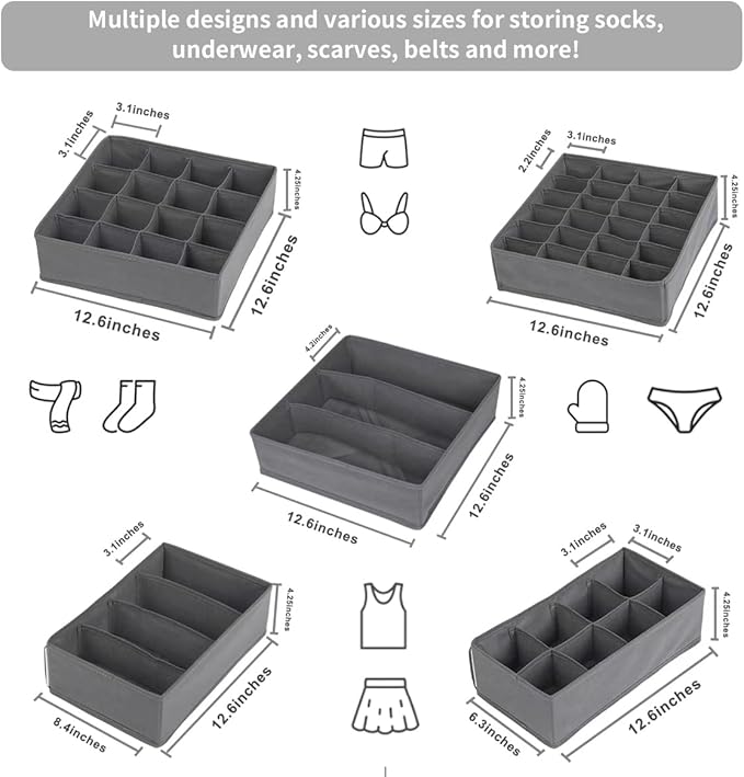 Lourome Underwear Organizer, 5 Set Foldable Fabric Underwear Drawer Organizer and Sock Organizer, Drawer Organizers for Cloth
