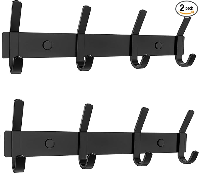 Matte Black Coat Rack Wall Mount – 12 Inch Stainless Steel Hook Rail with 4 Double Coat Hooks – Wall Mounted Entryway Organiz