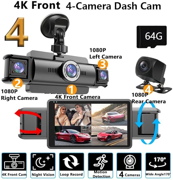 4 Channel 4K Dash Cam Front and Rear Inside, 360° View 1080P Dash Camera for Cars, Super Night Vision, Gravity Sensor, Loop R