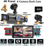 4 Channel 4K Dash Cam Front and Rear Inside, 360° View 1080P Dash Camera for Cars, Super Night Vision, Gravity Sensor, Loop R