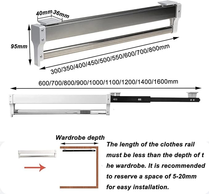 Pull Out Clothes Rail Extendable Pull Out Closet Rod - Wardrobe Pull-Out Trousers Rack, 30-80Cm Extendable Clothes Rail - Chr