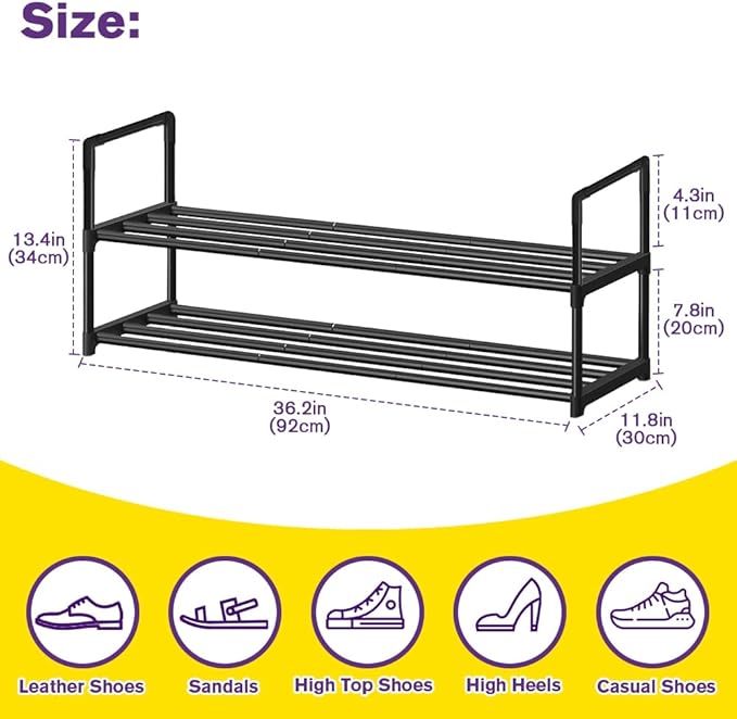 Shoe Rack - Metal Shoe Rack Organizer - Stackable Shoe Storage Shelf for Entryway, Closet, Bathroom 30cm(D) x 92cm(W) x 55cm(
