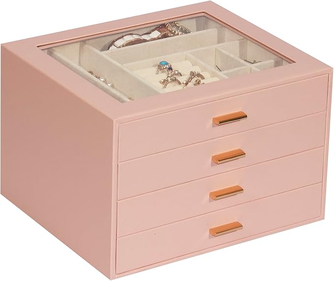Jewelry Box with Glass Lid, 4-Layer Jewelry Organizer for Women Girls, PU Leather Display Case with 20-Grid Earring Tray & Mo