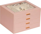 Jewelry Box with Glass Lid, 4-Layer Jewelry Organizer for Women Girls, PU Leather Display Case with 20-Grid Earring Tray & Mo