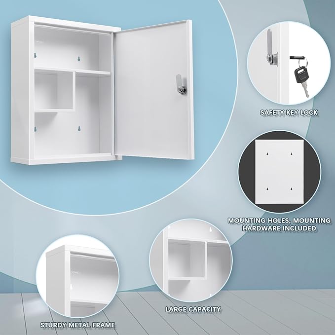 KYODOLED Wall Mount Locking Medicine Cabinet, Large Capacity First Aid Cabinet for Bathroom, Medicine Cabinet with Key, Secur
