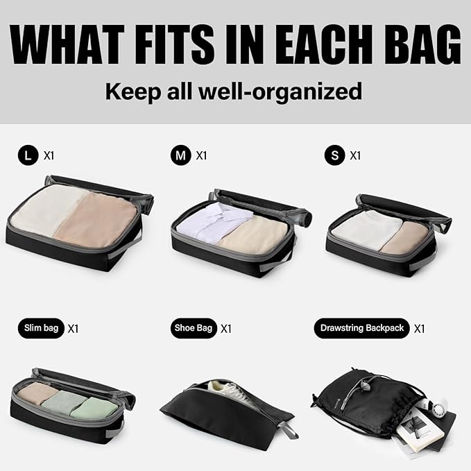 6 Set Compression Packing Cubes for Travel, Lightweight and Space-Saving Luggage Organizer Bags, Sturdy Travel Essentials for