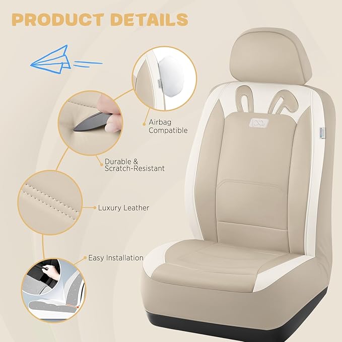 PIC AUTO Car Seat Covers, Cute Rabbit Premium Beige Leather Seat Covers, Universal Fit Front Seat Covers for Cars, Trucks, SU
