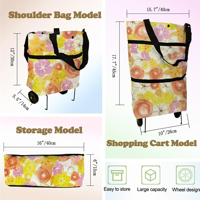 Collapsible Shopping Grocery Bag with Wheels Rolling Tote Bag with Wheels Large Reusable Shopping Bags Foldable Cart(Chrysanthemum,Large)