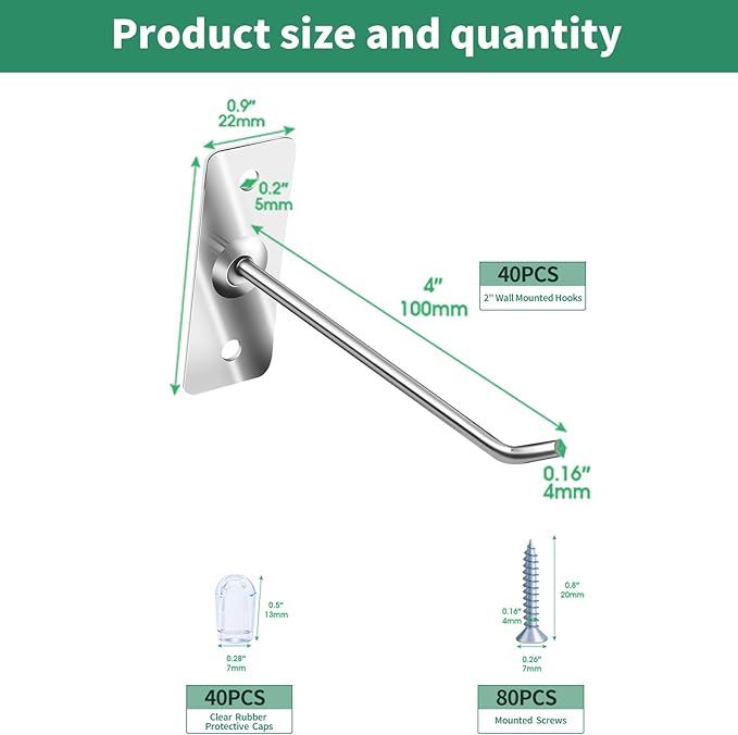 40 Pcs 4"/10CM Stainless Steel Wall Mounted Hooks with Protective Caps and Screws, Coat Bag Hat Utility Hook, Garage Tools St