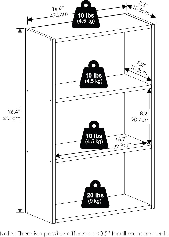 Furinno Basic Book Shelf, 3-Tier Bookshelf, Cube Storage Organizer Bookcase with Open Shelf, 7 x 17 x 26, for Living Room, Be