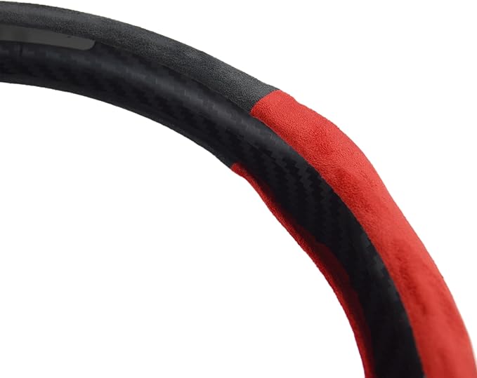 Quick Install Sporty Suede Steering Wheel Cover with Red Grips Universal fit Any 14 ½ to 15 inches Car SUV Pickup Steering Wheel