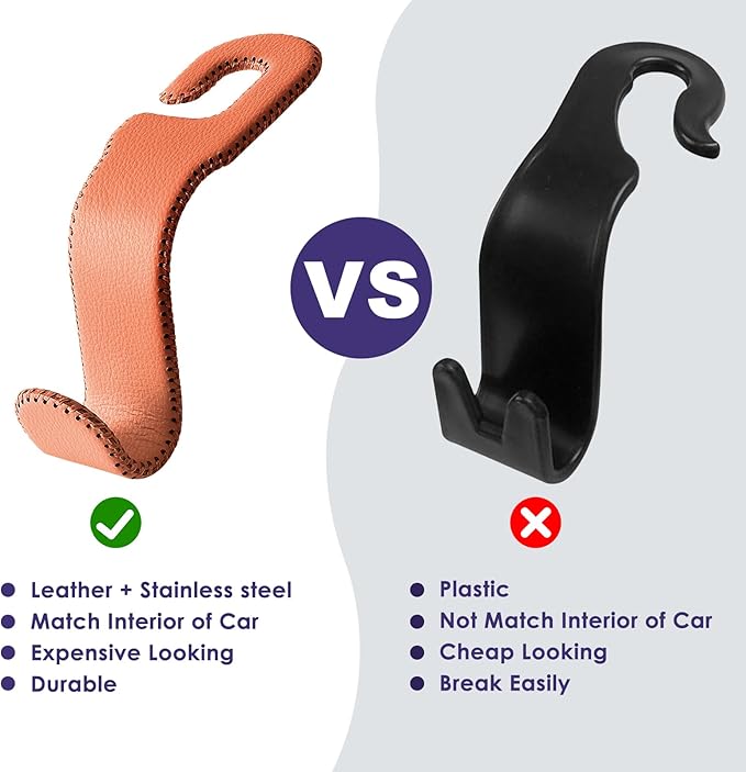 Leather Hooks for Headrest - Fully Leather-Wrapped U-Shaped Purse Holder for Car, Flexible Seat Back Organizer & Durable Car Accessories for Purses, Bags, Coats & More (Brown, 2 Pack)