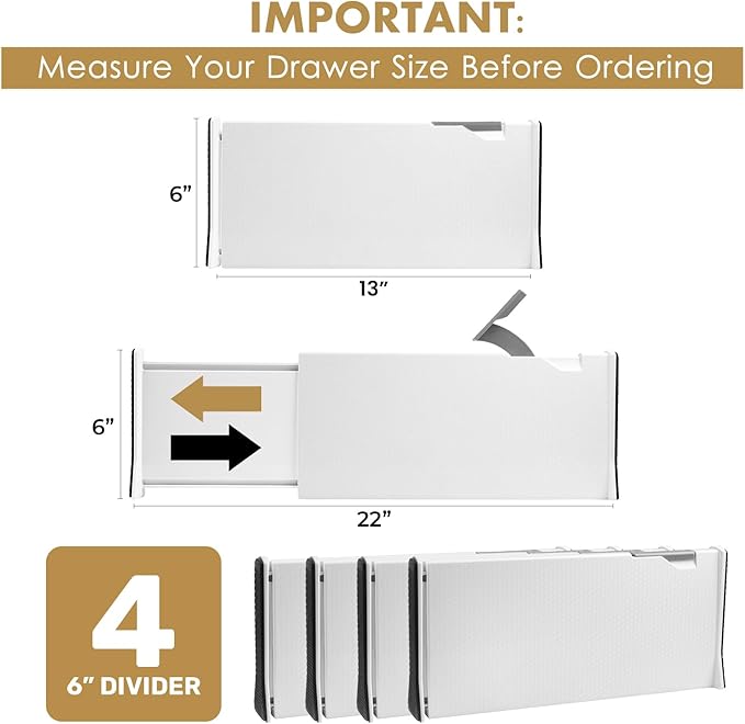 RAPTUROUS Adjustable Deep Drawer Divider – 6" Tall, Expandable 13-22", 4-Pack, Non-Slip Drawer Dividers for Clothes, Dresser,