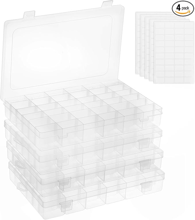 OUTUXED 4 Pack 36 Grids Plastic Bead Organizer Box with Dividers, Clear Craft Tackle Box Parts Storage Containers with Compar
