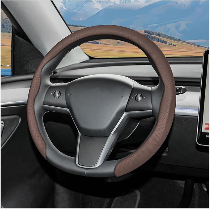 Car Nappa Leather Steering Wheel Cover, 15" Fashionable 5D Anti-Slip Vehicle Steering Wheel Protector, Breathable Auto Interi