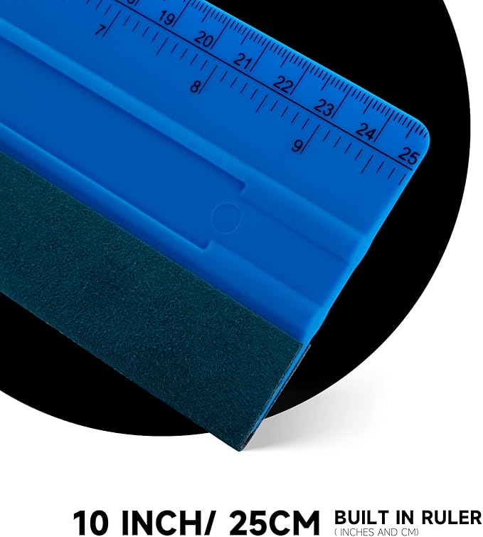 FOSHIO 10 Inch Felt Squeegee for Vinyl wtih Ruler 25CM 4 Round Corners Universal Card, Window Tint Film Installing Hard Blue PP Car Vinyl Wrap Scraper Tool