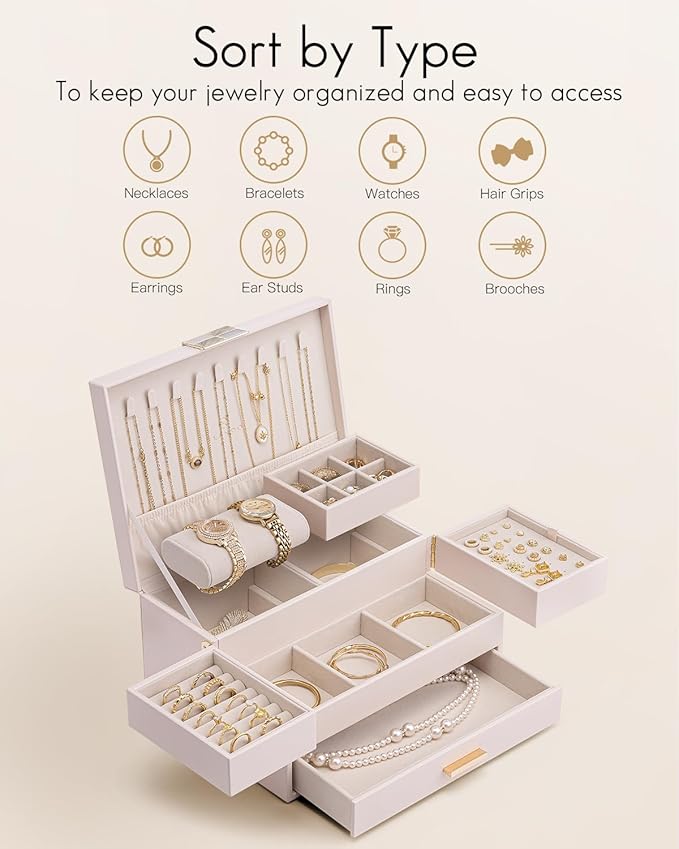 Vlando 3 Layer Jewelry Box - Women Jewelry Box with Retractable Tray - Jewelry Organizers with Drawer for Necklaces, Rings, B