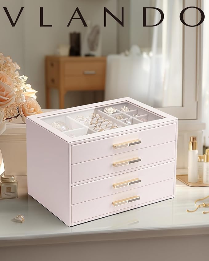 Vlando 4 Layer Jewelry Box for Women, Glass Lid Jewelry Organizer with 4 Drawers for Necklaces Rings Earrings Bracelets - Lig