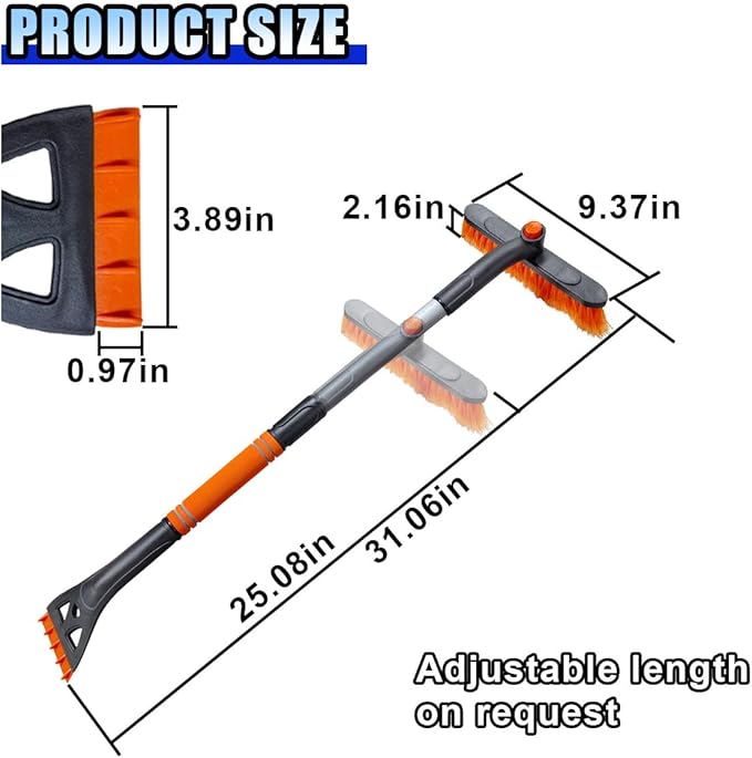 31.5" Detachable Snow Brush and Ice Scraper for Car Windshield, 2-in-1 Winter Snow Removal Tool with Extendable, 360° Rotating Soft Bristle Brush Head and Foam Grip for Most Vehicles (2PCS&Orange)
