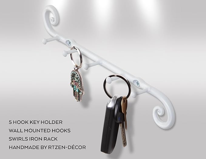 RTZEN Farmhouse Small Key Holder for Wall - Handcrafted Swirl Decorative 5 Key Hooks for Home Entryway - Wrought Iron Wall Mo