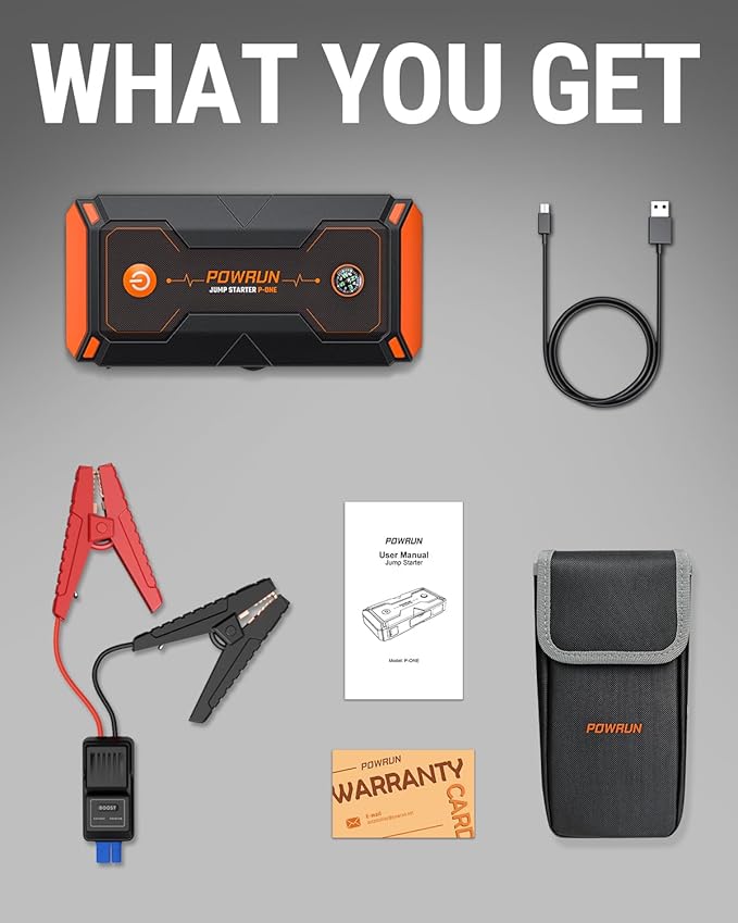 Powrun P-ONE Jump Starter 2000A Portable Jump Box - Car Jump Starter Battery Pack for up to 8.0L Gas and 6.5L Diesel Engines
