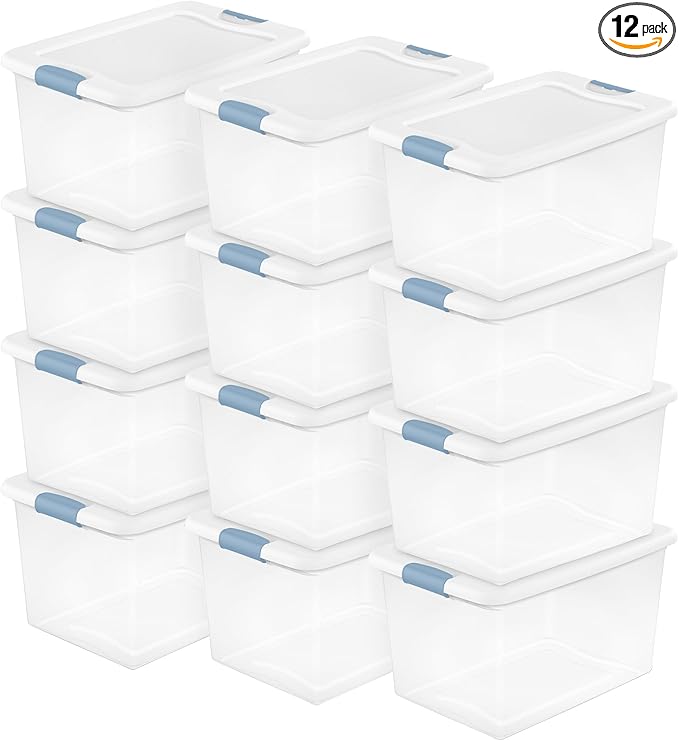 Sterilite 12 Pack Latching Box, Under Bed Storage Bins with Lids, Clear Plastic, 64 Quart - Heavy-Duty Organizing Containers 