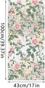JOONOR Retro Pink Rose Flowers Window Privacy Film,3D Stained Glass Rose Rainbow Window Decals,Non-Adhesive Static Cling Sticker for Home Office,16.93 x 39.37 Inch